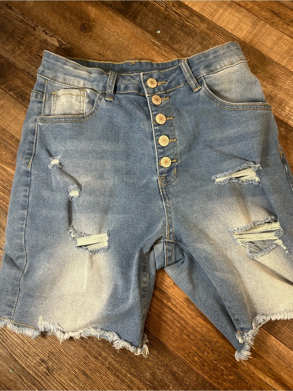 High-Rise Distressed Denim Shorts - Light Blue